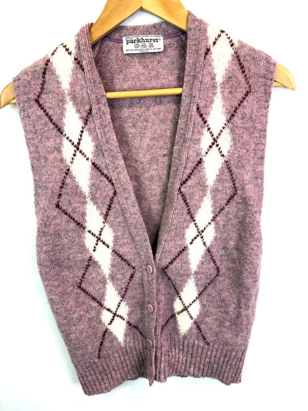 Parkhurst Dusty Mauve Argyle Button-Front 100% wool Sweater Vest fits size M